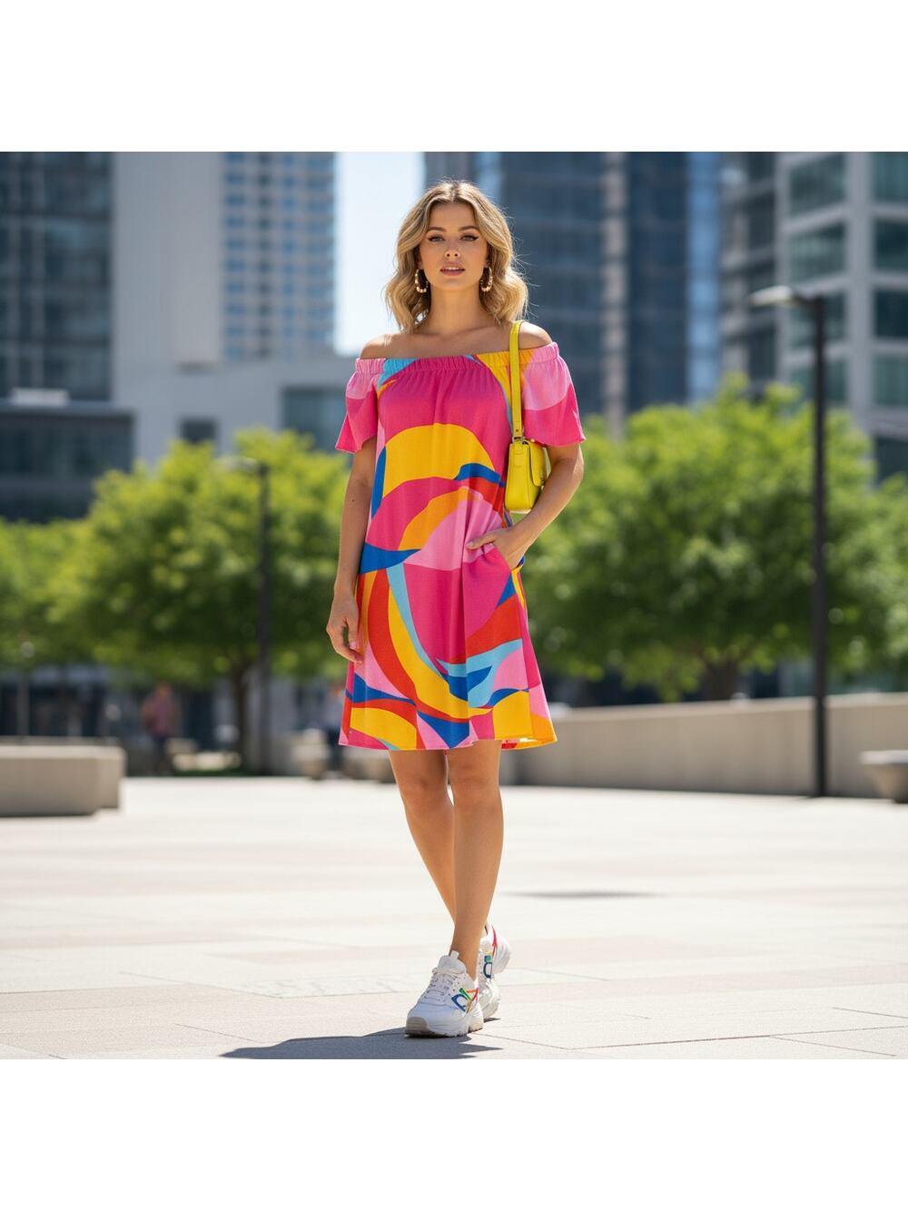 Signature by Robbie Bee Dress • PM • Off‑Shoulder • Multicolor Abstract Print